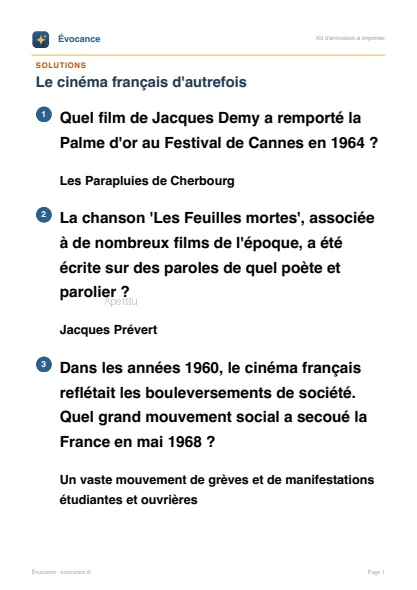 Aperçu des solutions du kit Le cinéma français d'autrefois