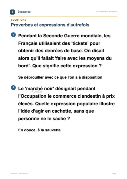 Aperçu des solutions du kit Proverbes et expressions d'autrefois